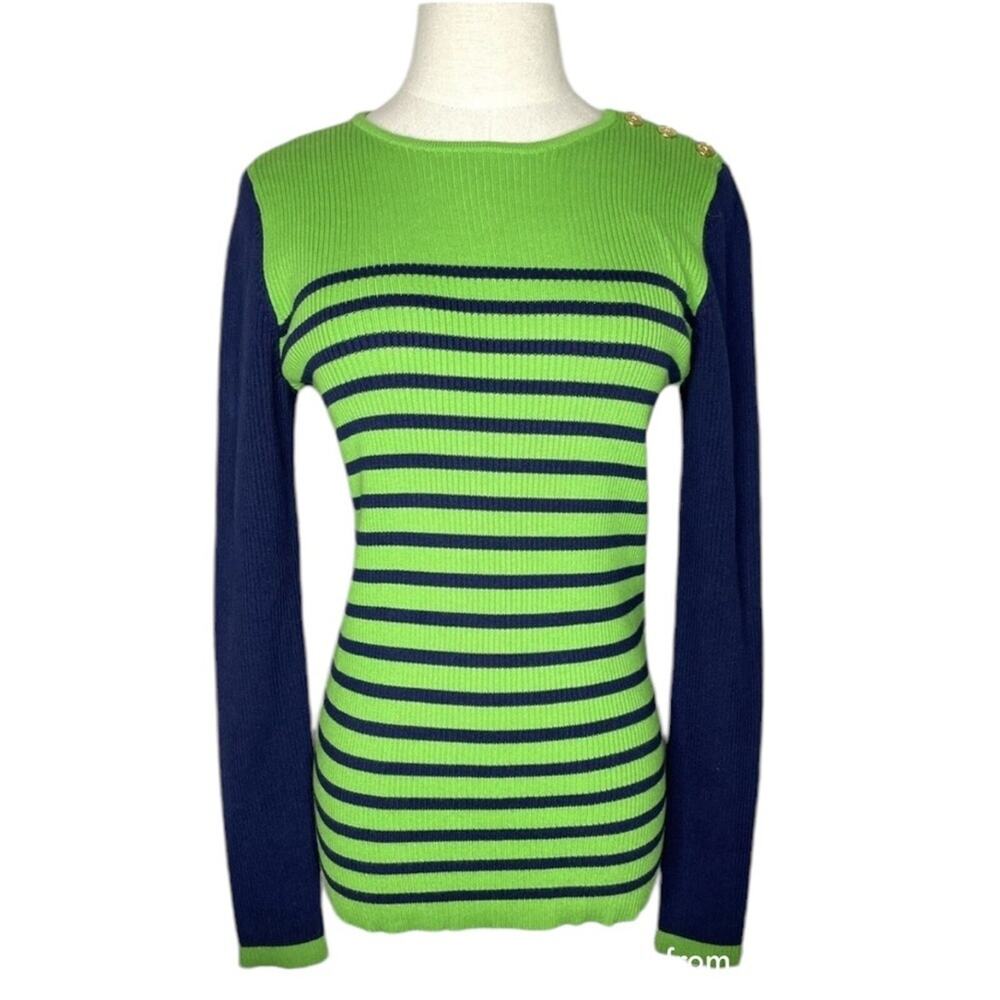 Lauren Ralph Lauren Green/Navy Blue Striped Long Sleeve Top - Medium